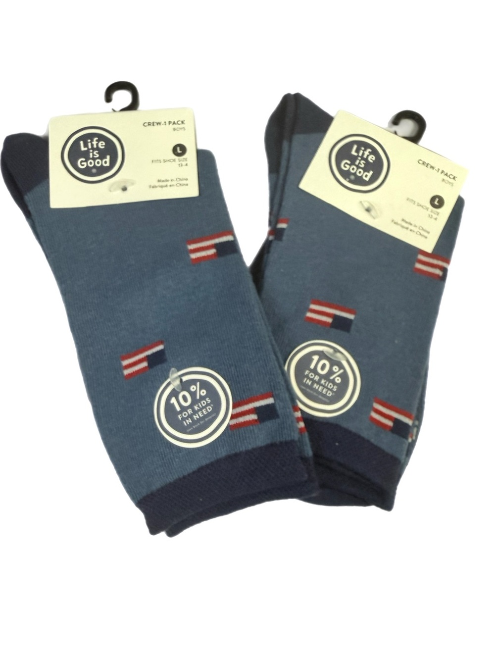 Life is Good Boys Flag Crew Socks 2 Pair Lot Large Shoe 13-4 NWT